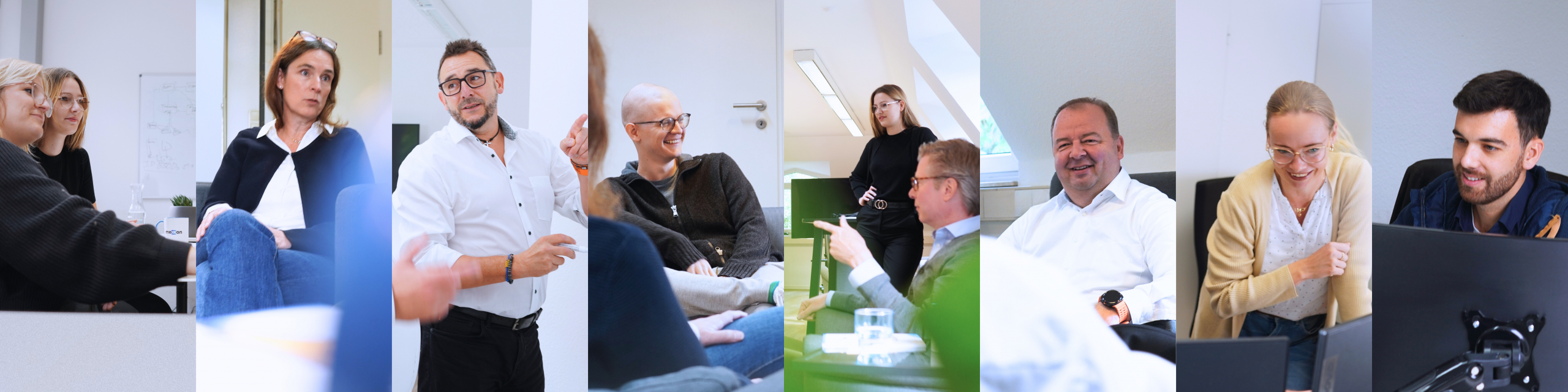 Collage mit Mitarbeitenden der Mexxon GmbH: Kollegen und Kolleginnen im Gespräch, bei der Arbeit am Computer und an einem Whiteboard. Zeigt die offene Unternehmenskultur, Teamgeist und Karrierevielfalt bei mexxon.