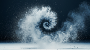 Abstrakte Spirale aus Staub und Lichtpartikeln auf dunklem Hintergrund, Symbol für Transformation und datengetriebene Bewegung.