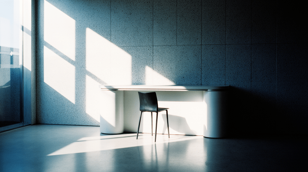 Minimalistischer Arbeitsplatz mit Stuhl und Tisch im Sonnenlicht, Symbol für Struktur, Fokus und klare Arbeitsprozesse.