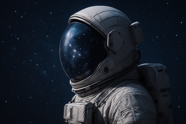 Astronaut vor Weltraumhintergrund.