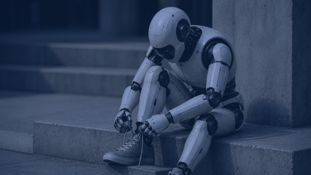 Roboter, der auf Treppenstufen sitzt und sich die Schuhe zubindet