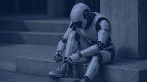 Roboter, der auf Treppenstufen sitzt und sich die Schuhe zubindet
