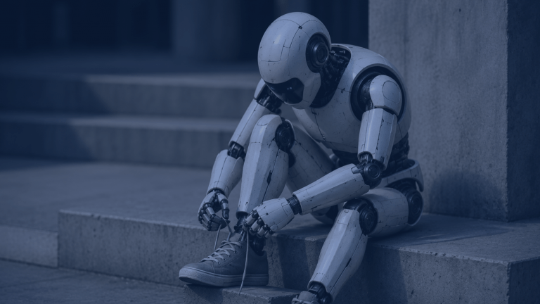 Roboter, der auf Treppenstufen sitzt und sich die Schuhe zubindet