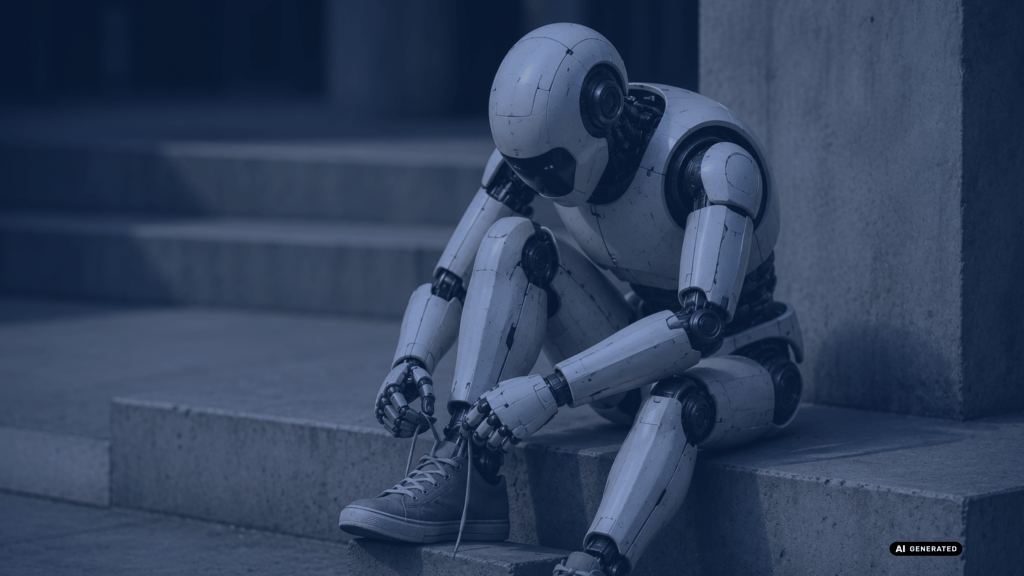 Roboter, der auf Treppenstufen sitzt und sich die Schuhe zubindet