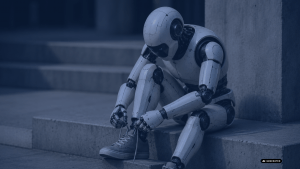 Roboter, der auf Treppenstufen sitzt und sich die Schuhe zubindet