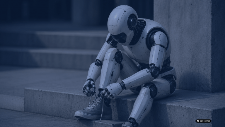 Roboter, der auf Treppenstufen sitzt und sich die Schuhe zubindet