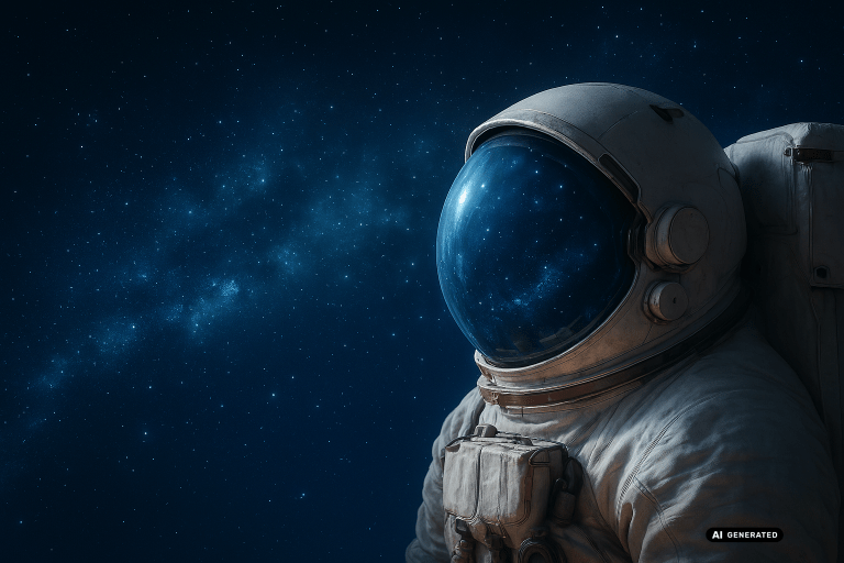 Eine KI-generierte Darstellung eines Astronauten im Weltall, der zur linken Seite schaut