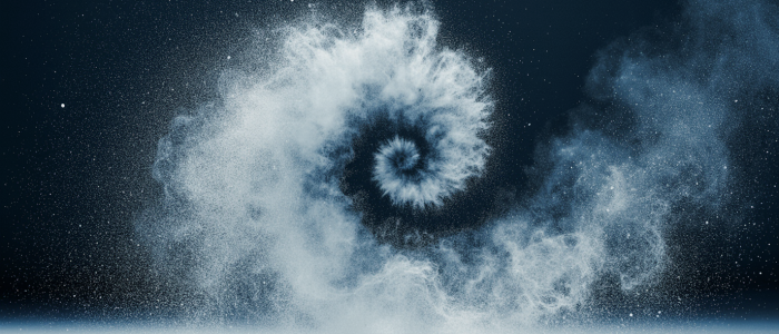 Abstrakte Spirale aus Staub und Lichtpartikeln auf dunklem Hintergrund, Symbol für Transformation und datengetriebene Bewegung.