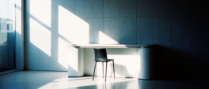 Minimalistischer Arbeitsplatz mit Stuhl und Tisch im Sonnenlicht, Symbol für Struktur, Fokus und klare Arbeitsprozesse.