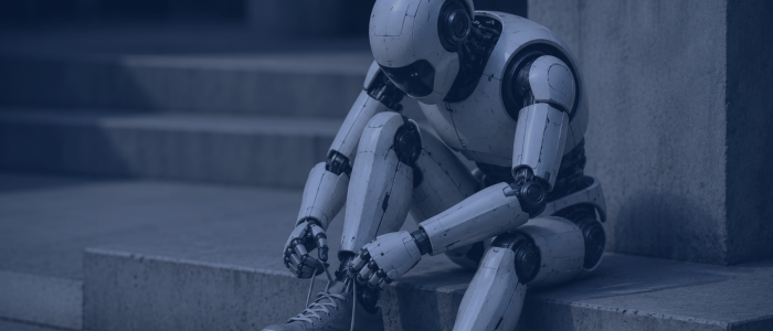 Roboter, der auf Treppenstufen sitzt und sich die Schuhe zubindet